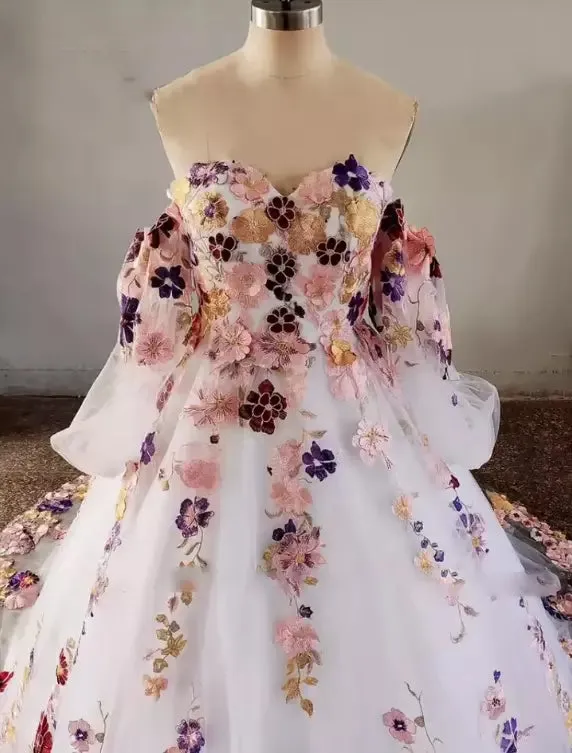 Puff Sleeves Floral Wedding Dress for Women Tulle 3D Flowers sold by My Chic Dress product image thumbnail 2
