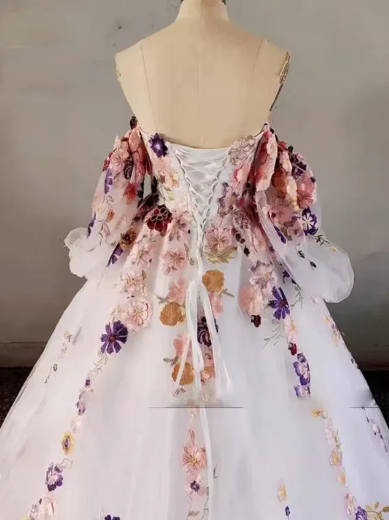 Puff Sleeves Floral Wedding Dress for Women Tulle 3D Flowers sold by My Chic Dress product image thumbnail 3