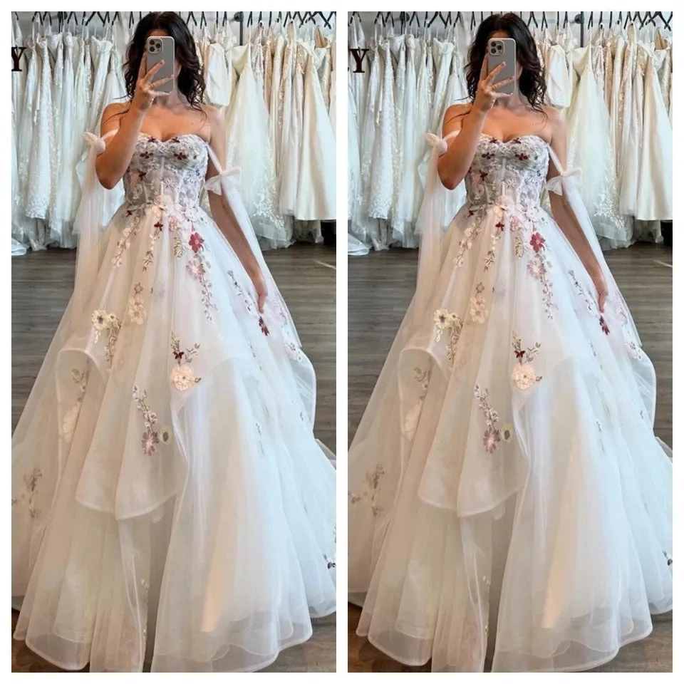 A-Line Strapless Floral Wedding Dresses Ruffled Lace 3D Flowers sold by My Chic Dress product image thumbnail 2