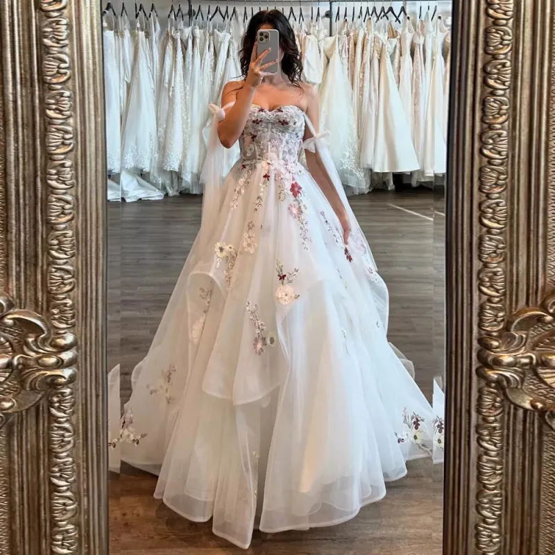 A-Line Strapless Floral Wedding Dresses Ruffled Lace 3D Flowers sold by My Chic Dress