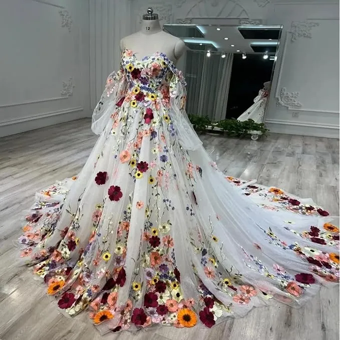 A Line Puff Sleeves Beach Wedding Dresses 3D Florals Off Shoulder sold by My Chic Dress product image thumbnail 4