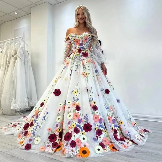 A Line Puff Sleeves Beach Wedding Dresses 3D Florals Off Shoulder sold by My Chic Dress