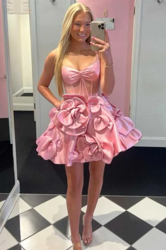 Straps Corset Pink Homecoming Dress Short with Rosette sold by My Chic Dress