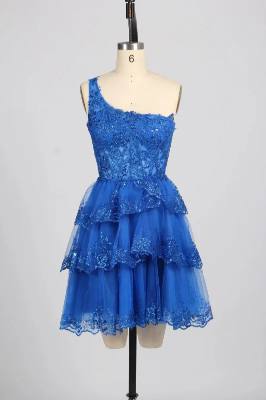 One-Shoulder Blue Sequin Homecoming Dress Short with Flared Skirt sold by My Chic Dress