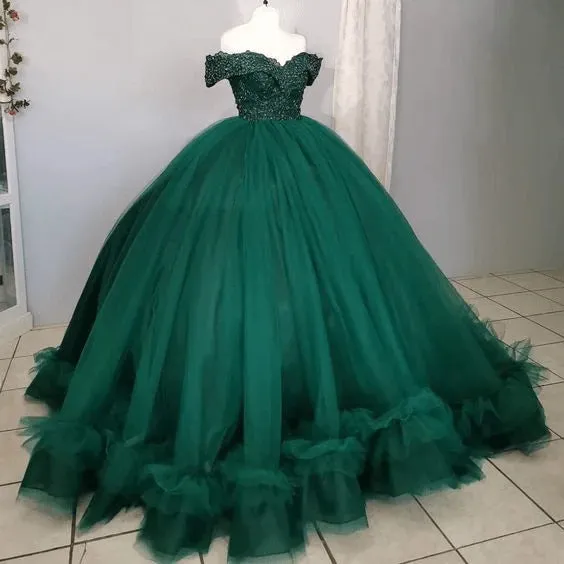 Emerald Green Lace Tulle Quinceanera Dress Off The Shoulder sold by My Chic Dress