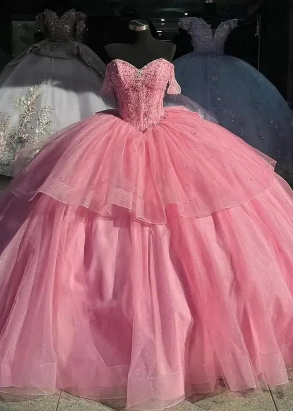 Glitter Pink Quinceanera Dress Off the Shoulder with Beaded sold by My Chic Dress