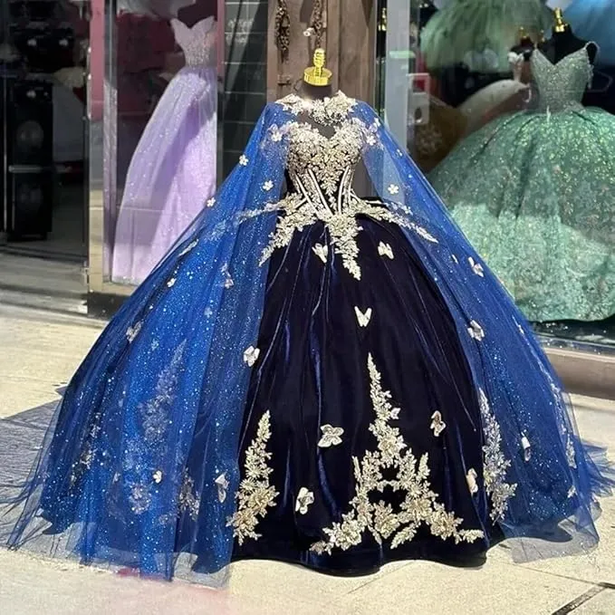Navy Blue Velvet Quinceanera Dresses Gold Butterfly with Cape sold by My Chic Dress