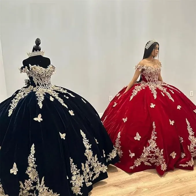 Navy Blue Velvet Quinceanera Dresses Gold Butterfly with Cape sold by My Chic Dress product image thumbnail 3