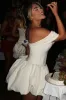 V-Neck White Graduation Dress Off-Shoulder Homecoming Dress Satin sold by My Chic Dress