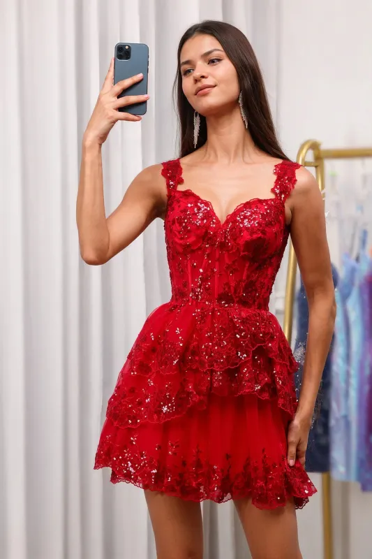 Sparkly Corset Red Homecoming Dress Tiered A-Line sold by My Chic Dress