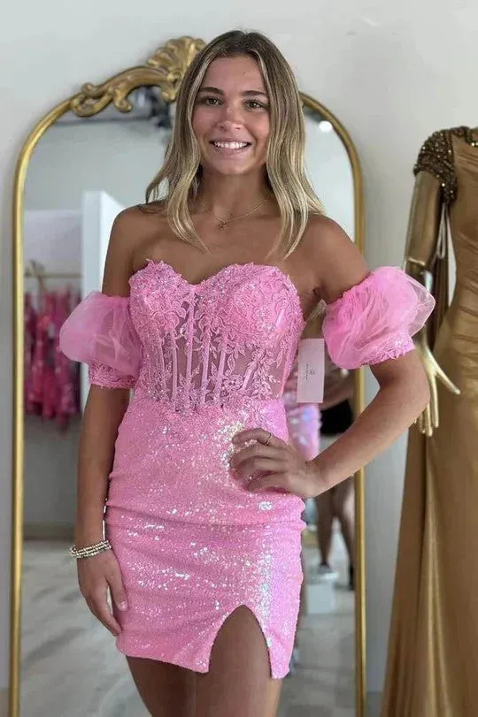 Cute Sequin Pink Homecoming Dress Applique with Bubble Sleeves sold by My Chic Dress product image thumbnail 2