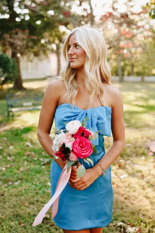 Cheap Satin Strapless Blue Mini Homecoming Dress Mermaid sold by My Chic Dress