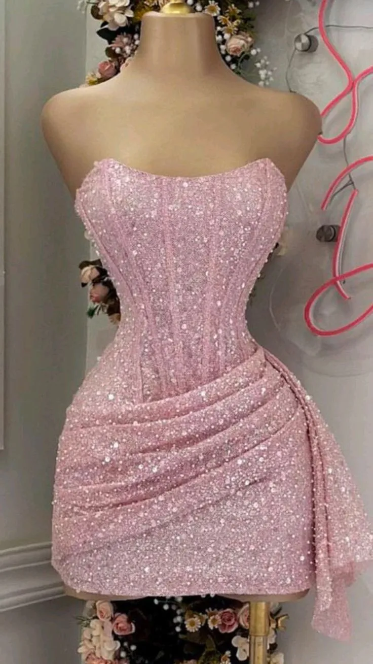 Strapless Shiny Pink Sequin Homecoming Dress Corset sold by My Chic Dress