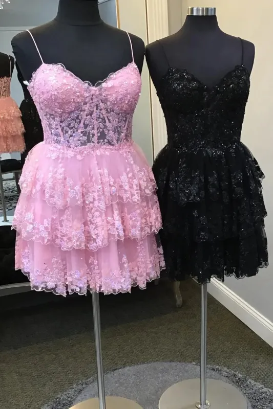 A-line Short Homecoming Dress Pink Ruffle Straps Appliques sold by My Chic Dress