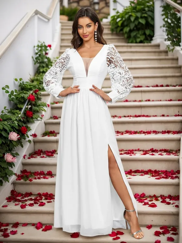 Long Sleeve Wedding Guest Dress White Chiffon Evening Dresses Backless sold by My Chic Dress