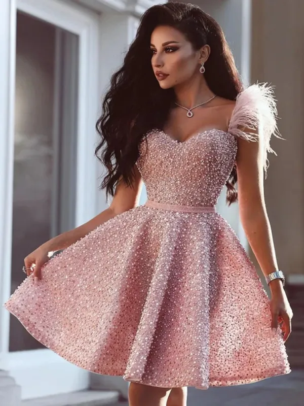 Luxury Short Cocktail Dresses Pink Crystal Beaded Homecoming Dress Feather sold by My Chic Dress