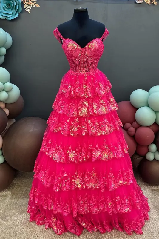 Ball Gown Tiered Fuchsia Prom Dress Corset Layered Sweetheart sold by My Chic Dress