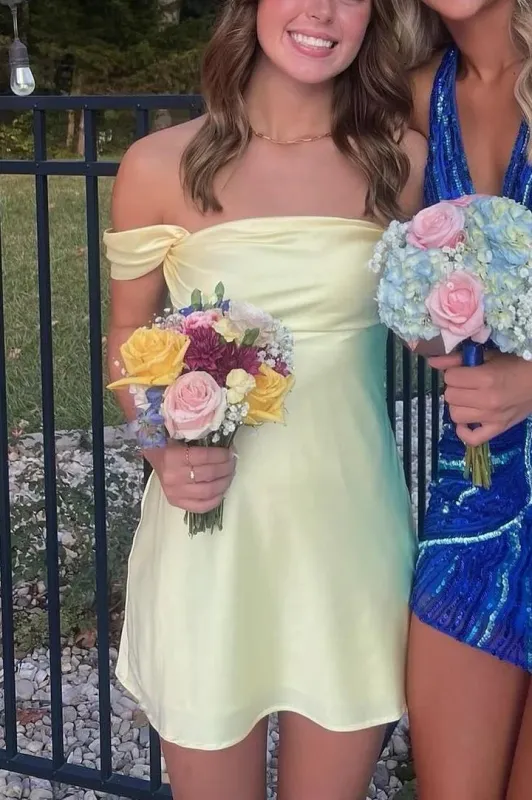 Cheap Mini Yellow Homecoming Dress Silk Satin Off-Shoulder sold by My Chic Dress