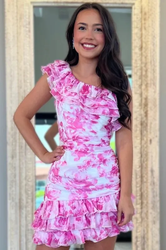 Short Floral One Shoulder Homecoming Dress Pink Printed sold by My Chic Dress