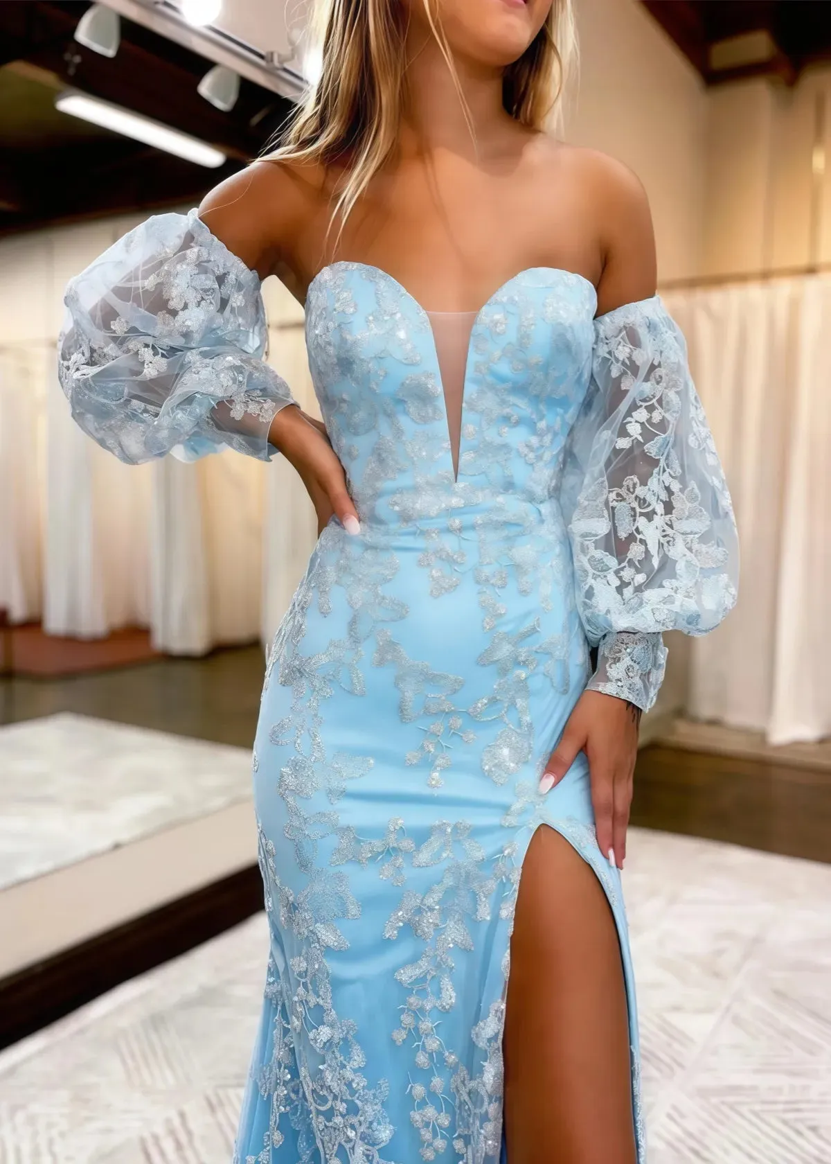 Long Mermaid Lace Flowers Blue Prom Dress with Bubble Sleeves sold by My Chic Dress product image thumbnail 3