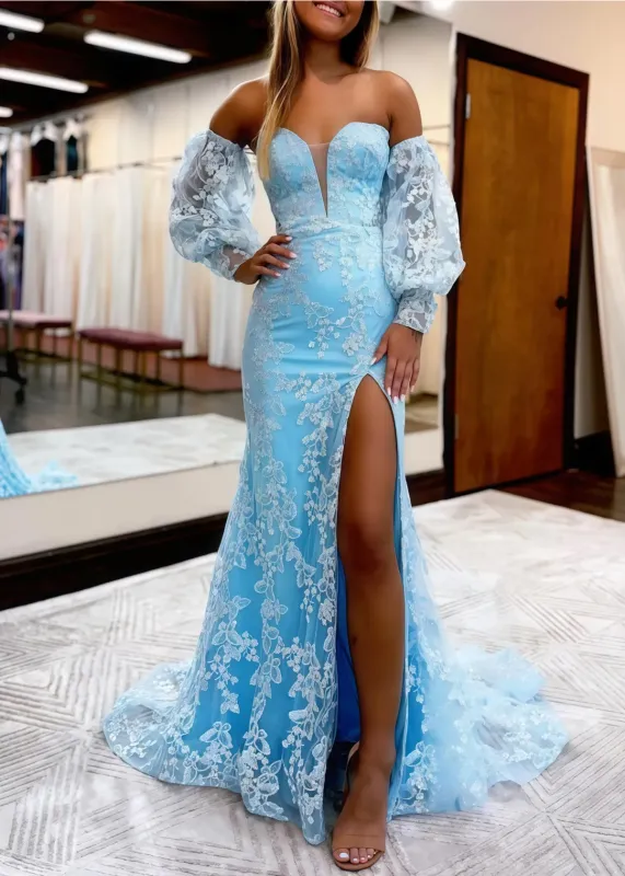 Long Mermaid Lace Flowers Blue Prom Dress with Bubble Sleeves sold by My Chic Dress