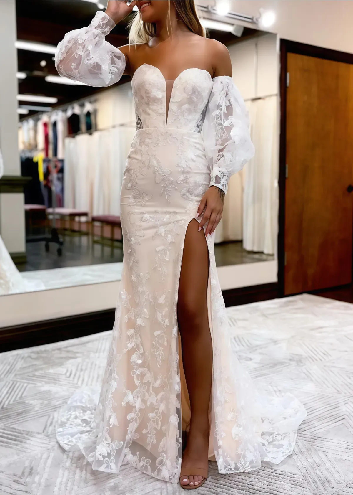 Long Mermaid Lace Flowers Blue Prom Dress with Bubble Sleeves sold by My Chic Dress product image thumbnail 4