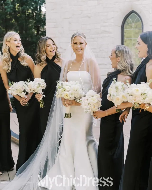 Cheap Sheath Halter Black Bridesmaid Dress Satin Backless sold by My Chic Dress