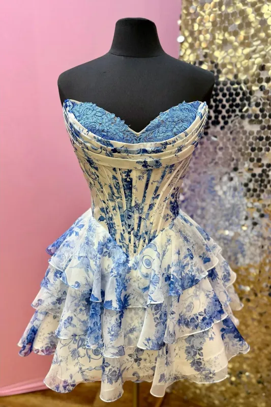 New Design Floral Print Corset Homecoming Dress Royal Blue Short Ruffle A-line sold by My Chic Dress