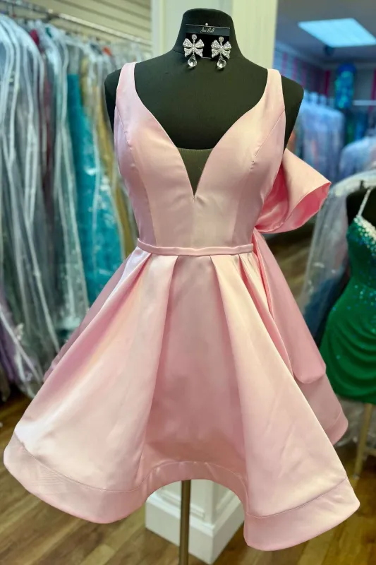 Simple Pink Satin Homecoming Dress A Line with Bow sold by My Chic Dress