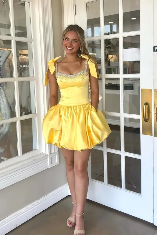 A-line Yellow Homecoming Dresses Short Pearls with Bow Straps sold by My Chic Dress