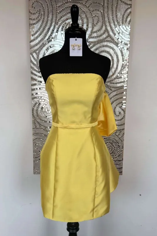 Simple Satin Yellow Hoco Dress Mini Strapless Tight Dress with Bow sold by My Chic Dress