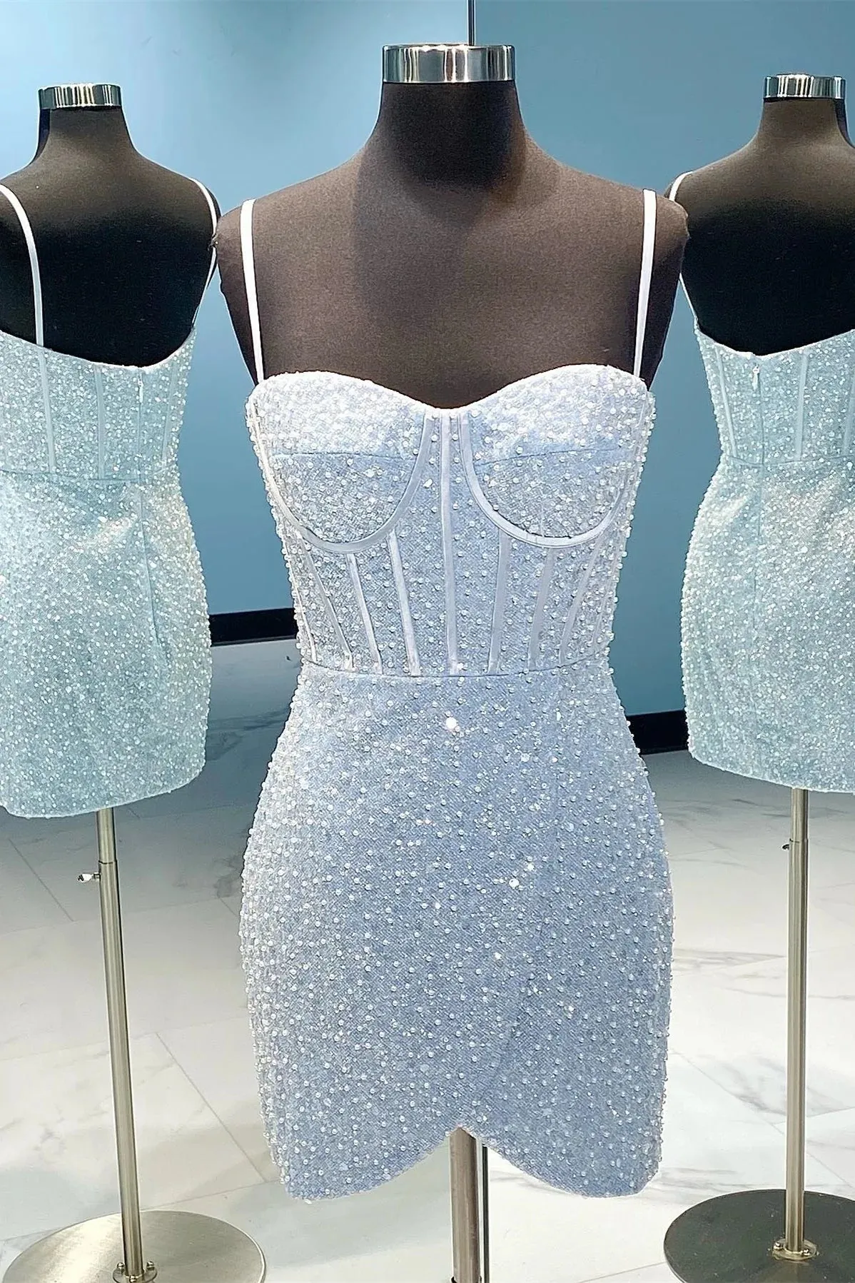 Light Blue Sequin Bodycon Homecoming Dress Mini Spaghetti Straps Party Dress sold by My Chic Dress product image thumbnail 3