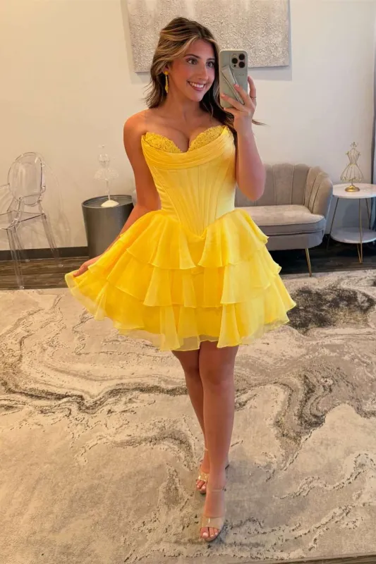 Short Yellow Corset Homecoming Dress A-line with Ruffle sold by My Chic Dress