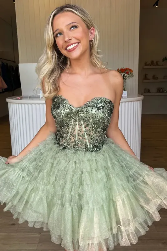 Shiny A-Line Short Sequined Tulle Homecoming Dress Sage Green sold by My Chic Dress