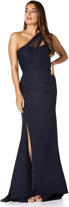 One Shoulder Evening Dress Tulle Top Navy Maxi Dress With Split sold by My Chic Dress
