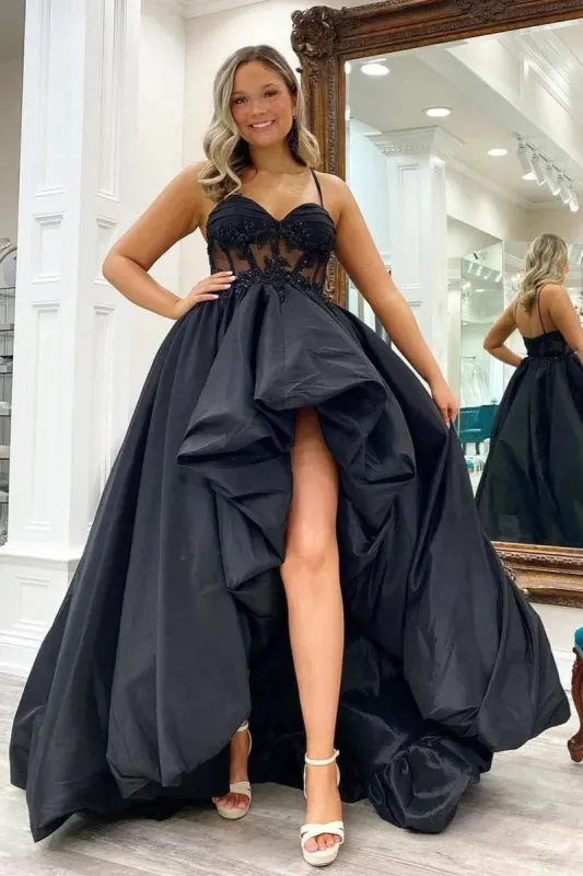 Straps Black Hi-Low Wedding Dress Lace Appliques Satin Prom Dress sold by My Chic Dress