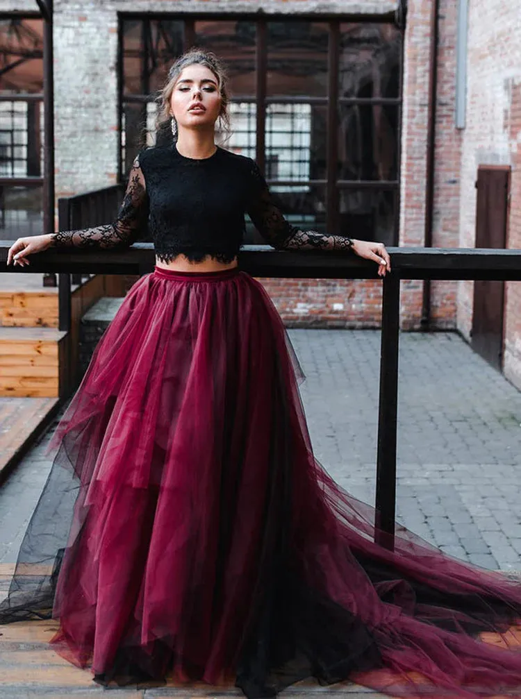 Black 2 Piece Wedding Dress With Sleeves,Black Burgundy Wedding Dress Open Back sold by My Chic Dress product image thumbnail 2