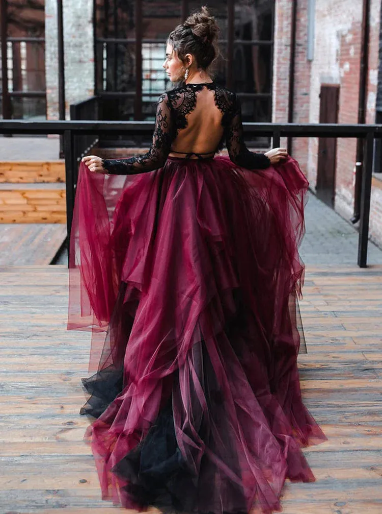 Black 2 Piece Wedding Dress With Sleeves,Black Burgundy Wedding Dress Open Back sold by My Chic Dress product image thumbnail 3