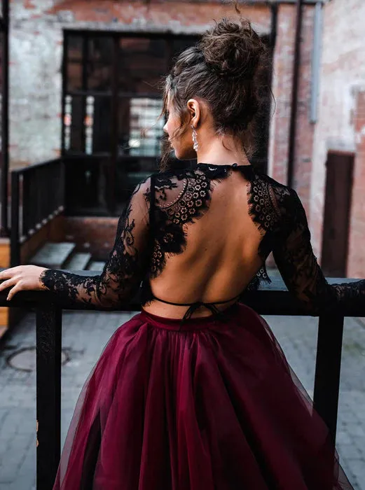 Black 2 Piece Wedding Dress With Sleeves,Black Burgundy Wedding Dress Open Back sold by My Chic Dress product image thumbnail 4