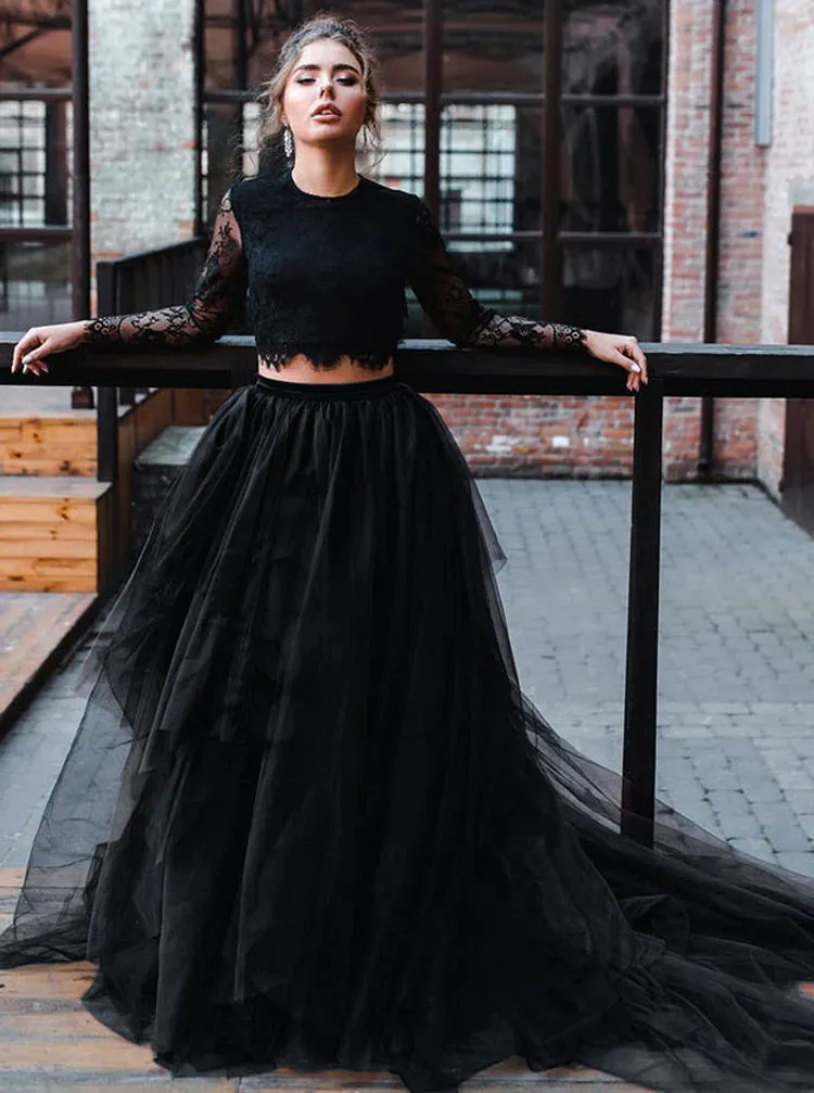Black 2 Piece Wedding Dress With Sleeves,Black Burgundy Wedding Dress Open Back sold by My Chic Dress