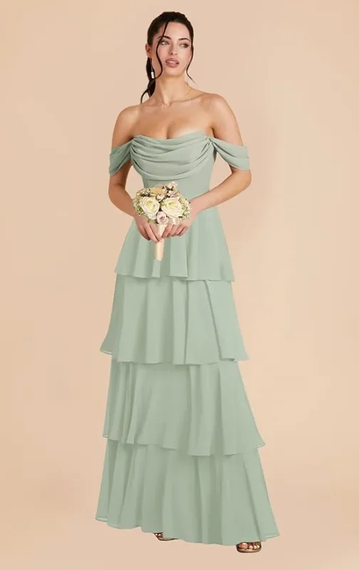 Boho Off Shoulder Chiffon Tiered Bridesmaid Dress with Ruffles sold by My Chic Dress
