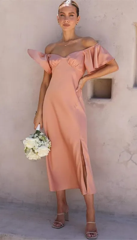 Elegant Satin Off Shoulder Midi Formal Wedding Guest Dress sold by My Chic Dress