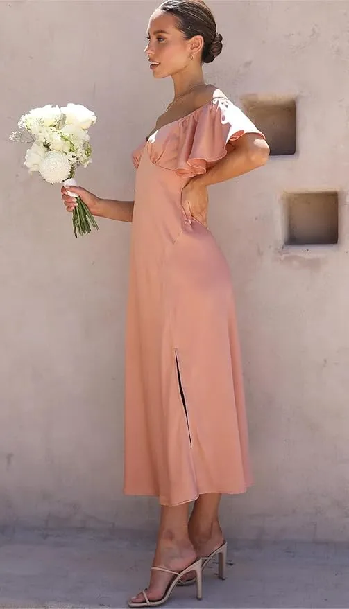 Elegant Satin Off Shoulder Midi Formal Wedding Guest Dress sold by My Chic Dress product image thumbnail 2