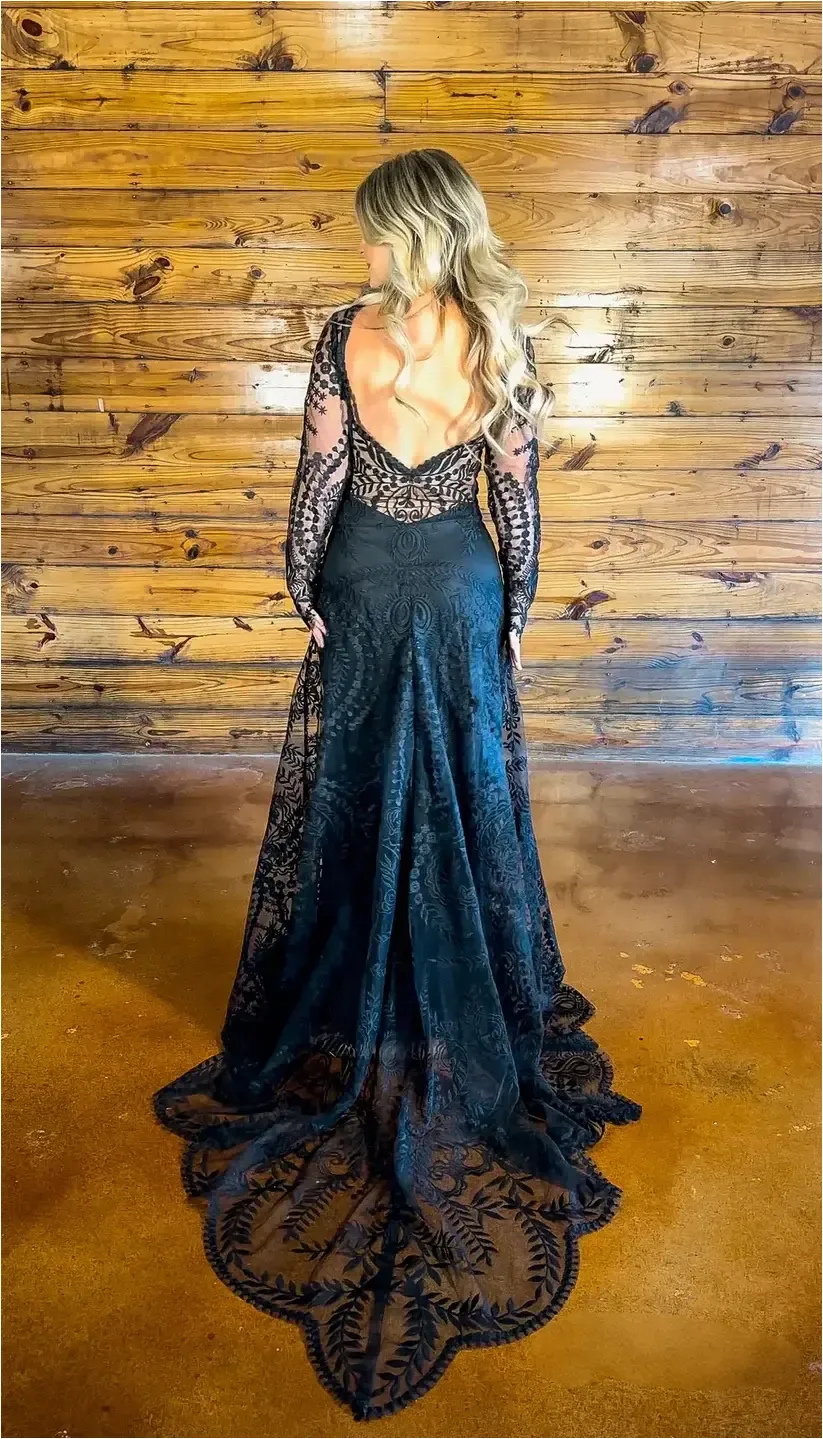 Long Sleeve Boho Black Wedding Dress Lace with Nude Lining sold by My Chic Dress product image thumbnail 4