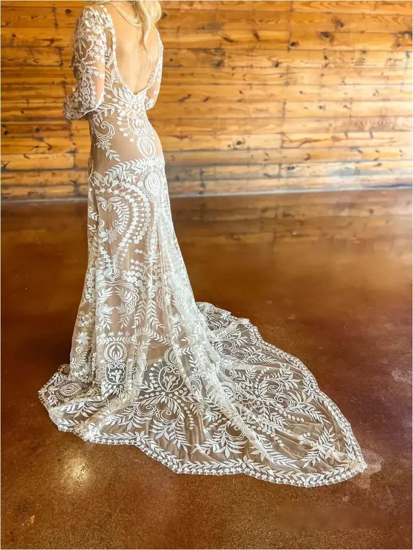 Long Sleeve Boho Black Wedding Dress Lace with Nude Lining sold by My Chic Dress product image thumbnail 5