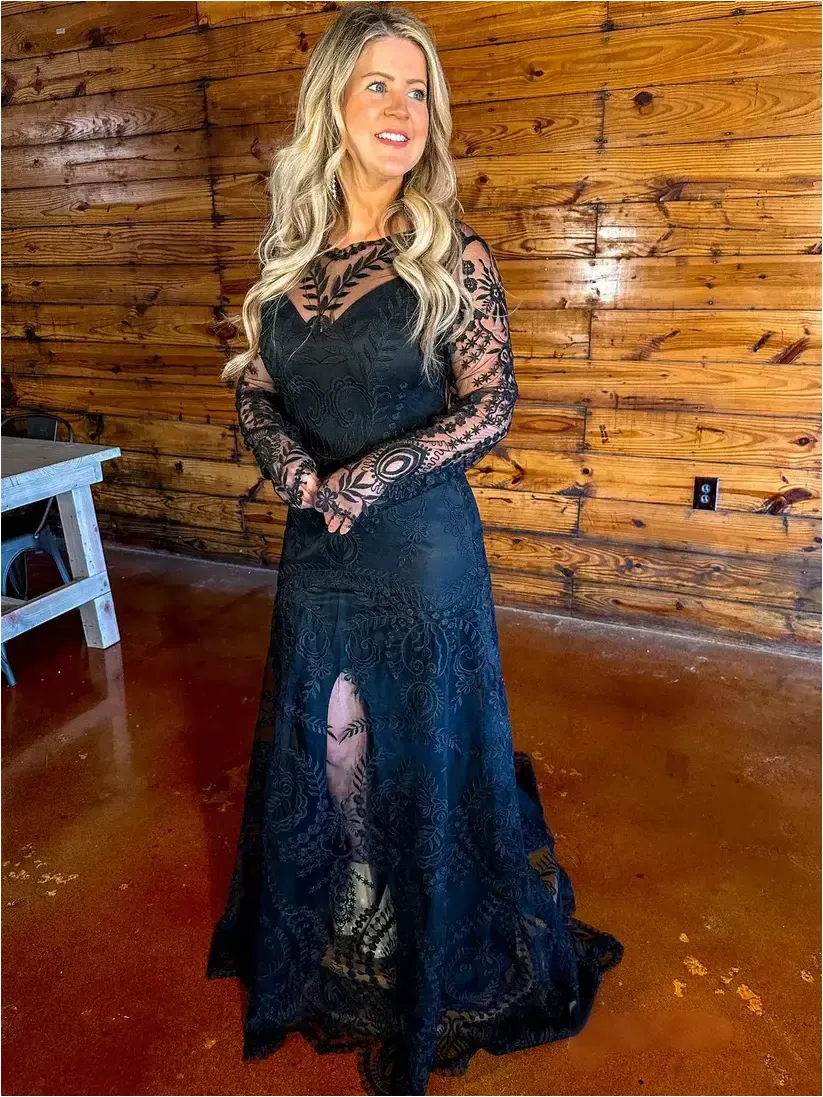 Long Sleeve Boho Black Wedding Dress Lace with Nude Lining sold by My Chic Dress