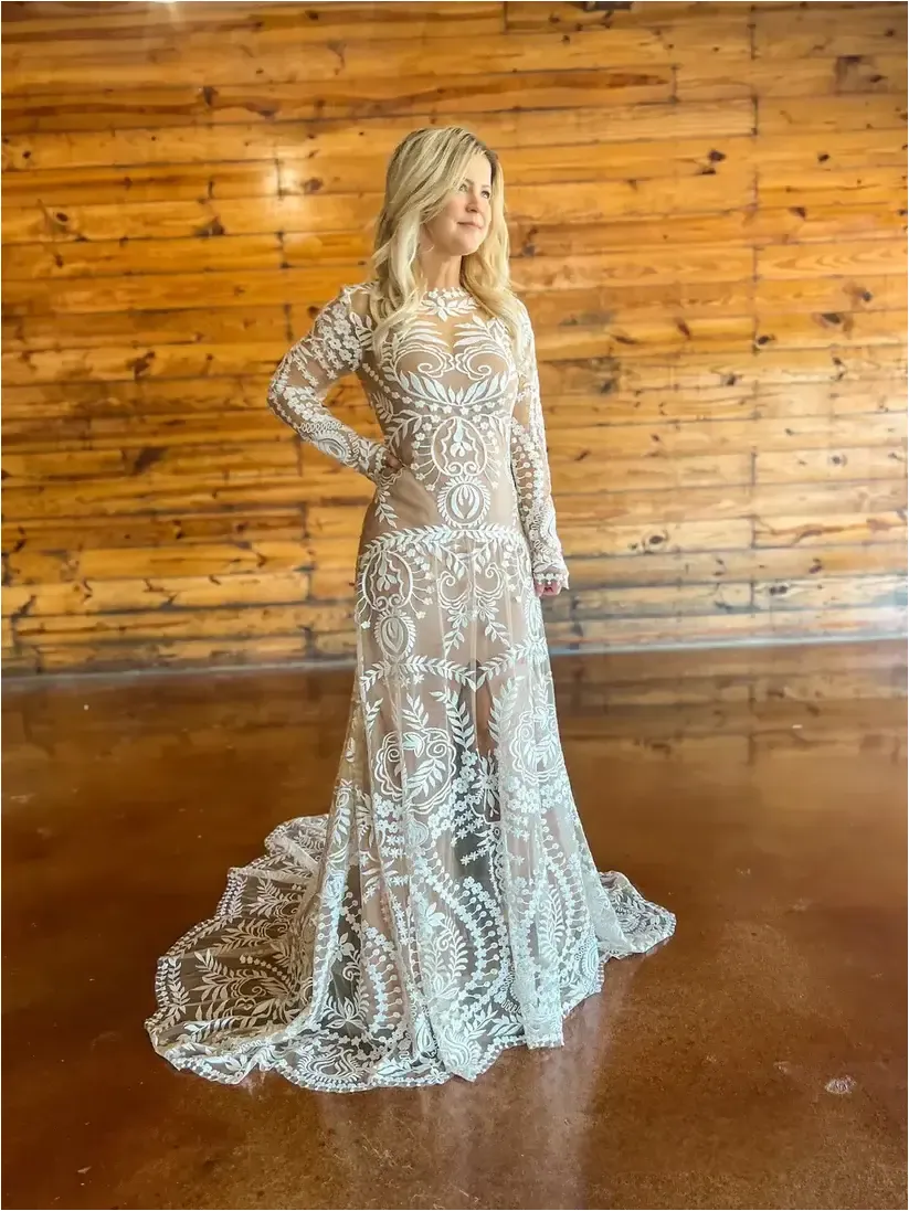 Long Sleeve Boho Black Wedding Dress Lace with Nude Lining sold by My Chic Dress product image thumbnail 3