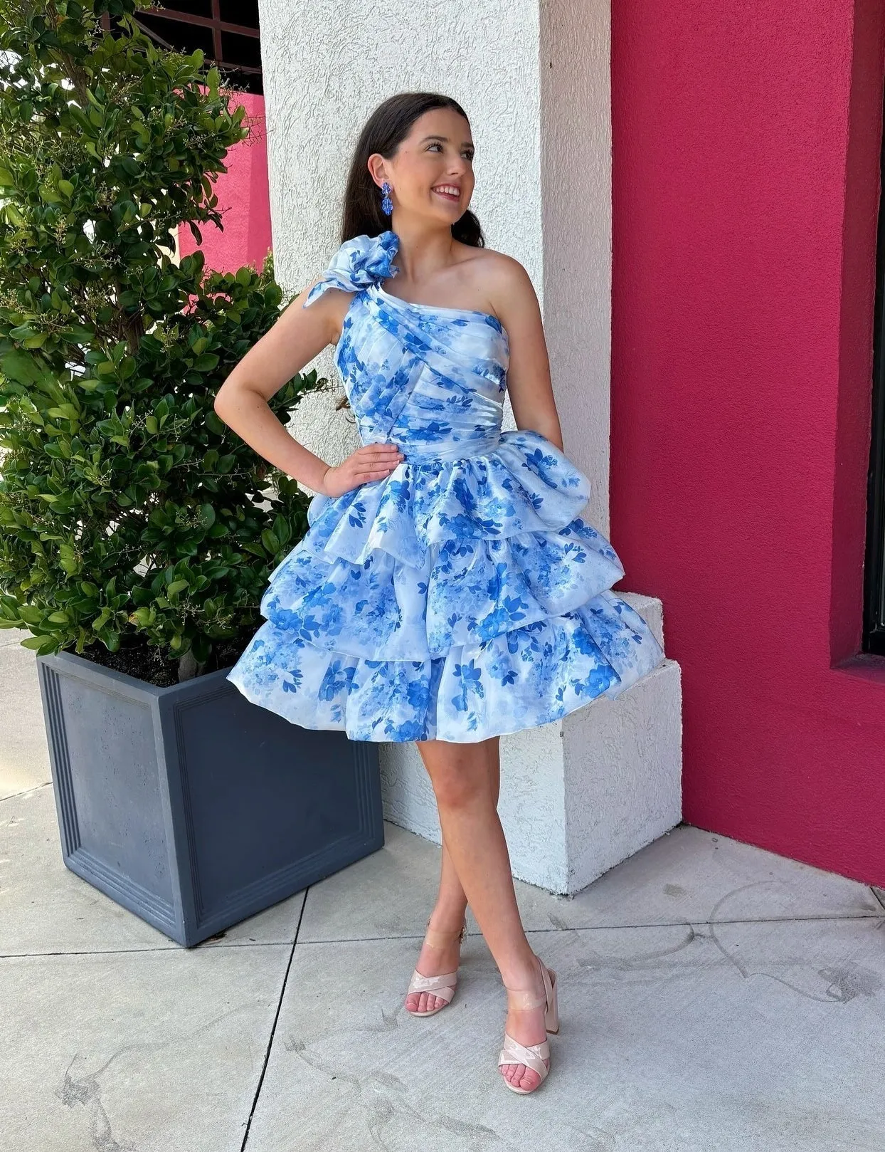 Short One Shoulder Blue Floral Homecoming Dress Tiered with Flower sold by My Chic Dress