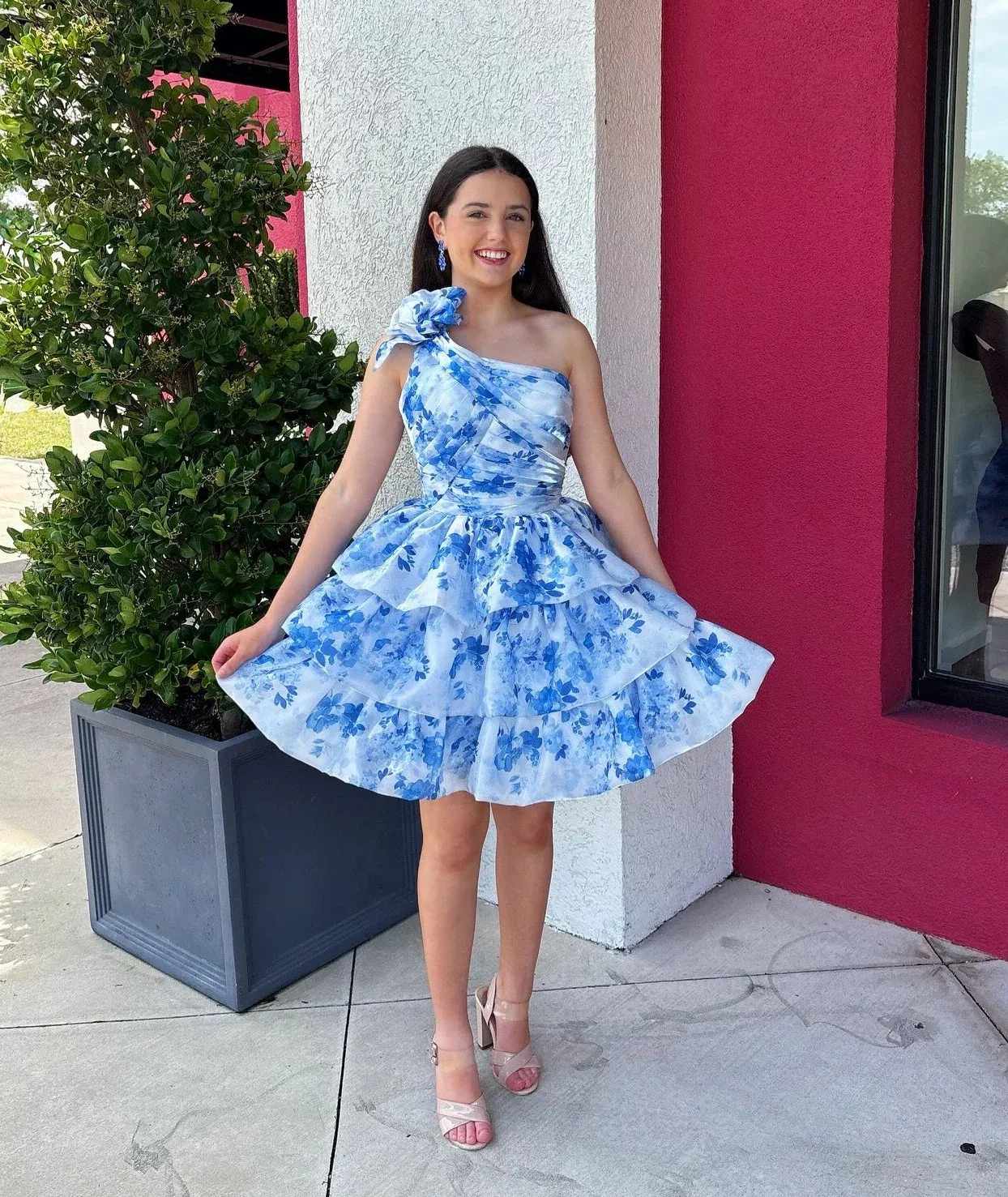 Short One Shoulder Blue Floral Homecoming Dress Tiered with Flower sold by My Chic Dress product image thumbnail 2