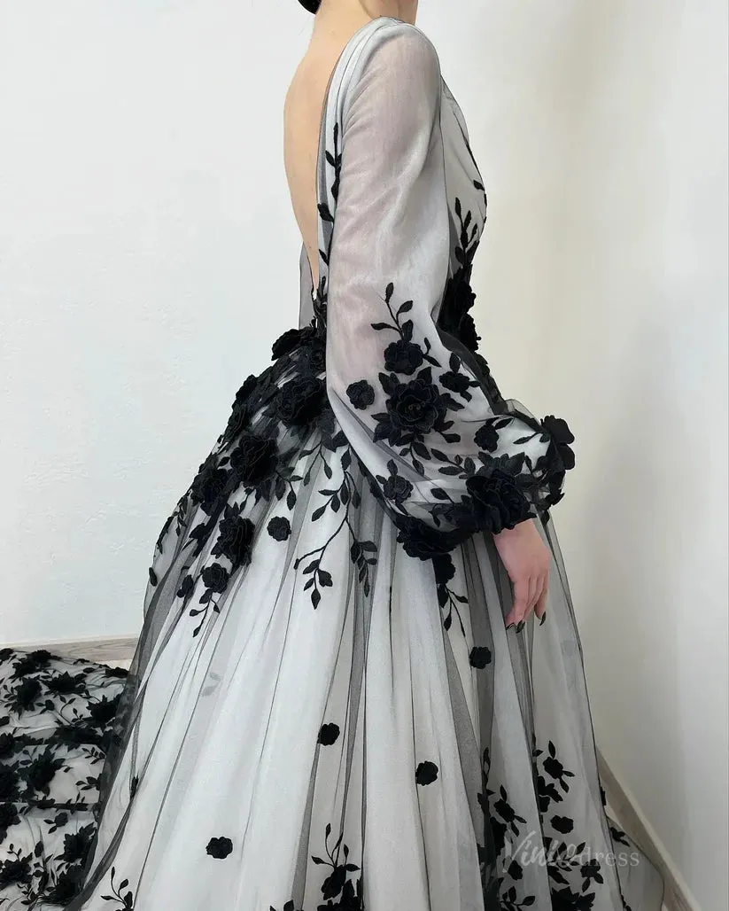 Black White Wedding Dress Floral Long Puff Sleeves with 3D Flowers sold by My Chic Dress product image thumbnail 3